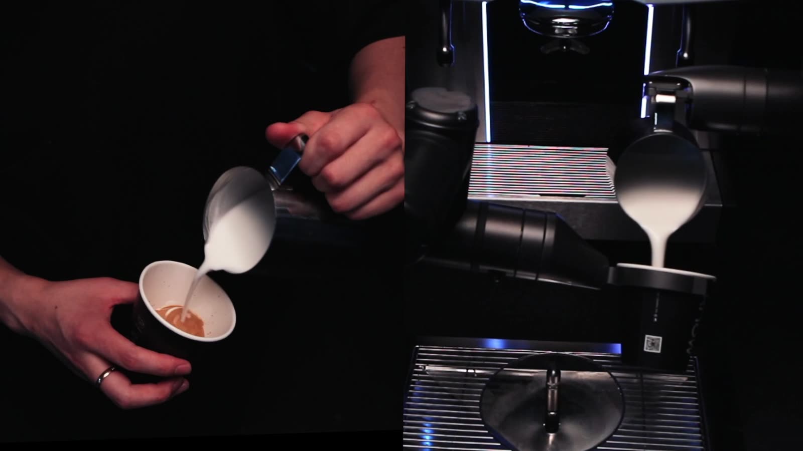 Split frame: a barista's hand pouring latte art on the left, XBOT's robotic arm pouring on the right